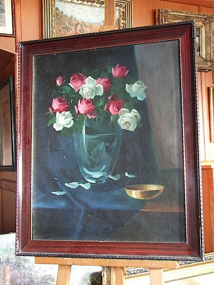 Olajvászon, virágcsendélet. Festő olvashatatlan. Méret 56×70cm