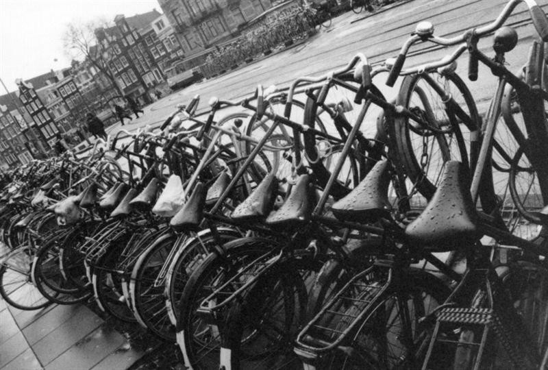 Netherlands-Amsterdam-urban-landscape-bicycles-wet-lined-up-in-c