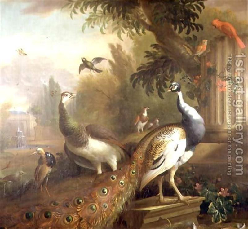 Peacock-And-Peahen-With-A-Red-Cardinal-In-A-Classical-Landscape 